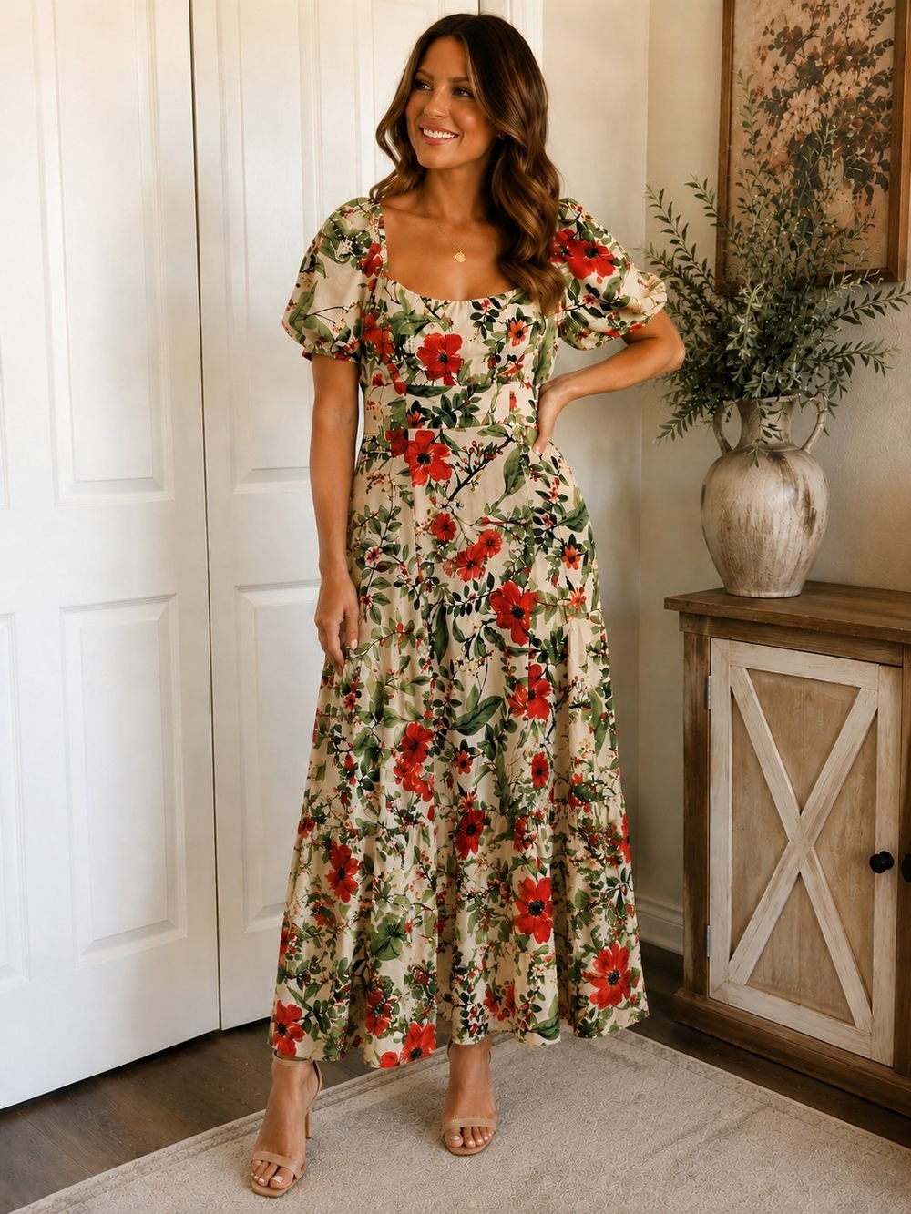 NWT London Times Floral Linen Blend Midi Dress Size 10 | Beige